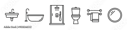 Set of black line art bathroom icons including a sink, bathtub, shower, toilet, towel rack, and mirror in a minimalist, modern style for web design and pictograms
