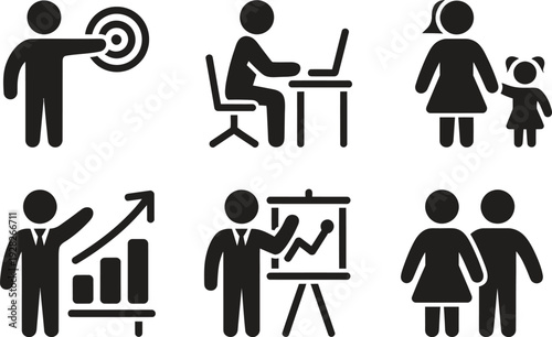 Business Professional and Leadership Icon Set. Teamwork, Presentation, and Career Growth. Vector Illustration