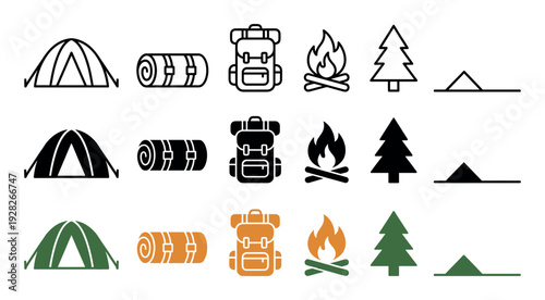 Set of camping and hiking icons showing a tent, sleeping bag, backpack, campfire, tree, and mountain in three different styles: outline, solid glyph, and color