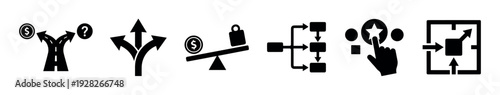 Set of black business strategy icons representing decision-making, financial choice, workflow, risk assessment, selection, and innovative problem-solving concepts in a minimalist style