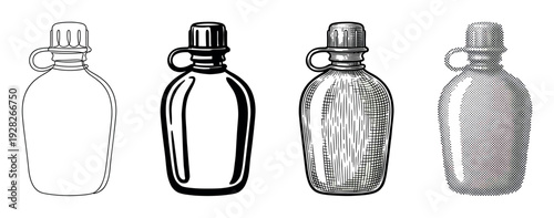 Four black and white water flask illustrations in various artistic styles including line art, silhouette, engraving, and halftone dot pattern
