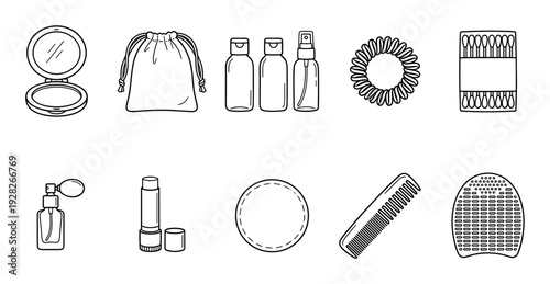 Set of black and white line art icons depicting beauty and personal care items like a compact mirror, drawstring bag, travel bottles, hair tie, cotton swabs, lipstick, and comb