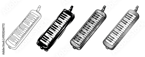 Set of four melodica keyboard illustrations in various artistic styles including line art, ink sketch, engraving, and stippling for a creative musical concept
