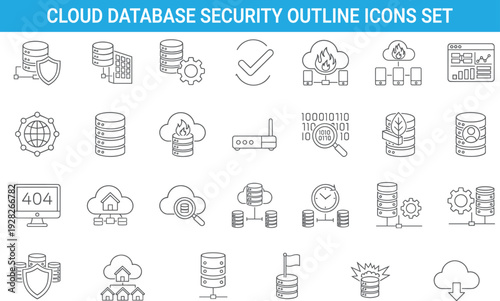 Cloud database security outline icons set, data backup analytics firewall network monitoring server management and digital infrastructure technology collection