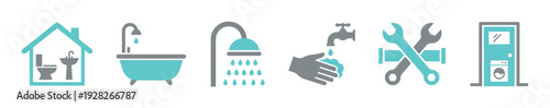 Set of plumbing and household icons showing a bathroom, bathtub, shower, hand washing, repair tools, and laundry room in a simple, flat, two-color graphic style
