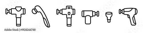 Set of various massage gun and roller icons in a simple black line art style, representing tools for deep tissue percussion therapy, muscle recovery, and physical wellness