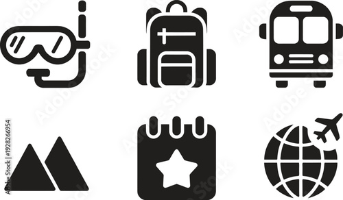 Adventure Travel and Tourism Icon Set. Snorkeling, Backpacking, and Global Trip. Vector Illustration