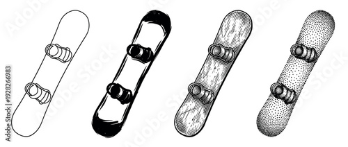 Set of four illustrated snowboards presented in various graphic styles, including clean line art, bold brush strokes, detailed engraving, and classic stippling for a retro feel