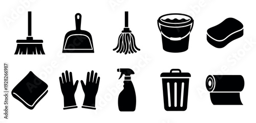 Set of black cleaning supply icons featuring a broom, mop, bucket, gloves, and spray bottle in a minimalist graphic vector illustration style for household chores concepts