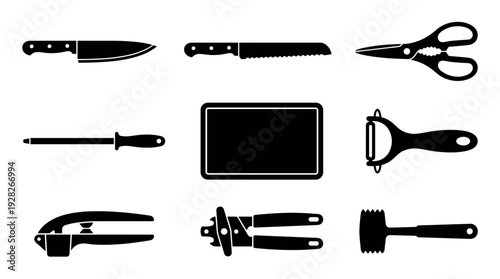 Black silhouette icon set of kitchen utensils and cooking tools including knives, a cutting board, peeler, can opener, and garlic press in a minimalist graphic style