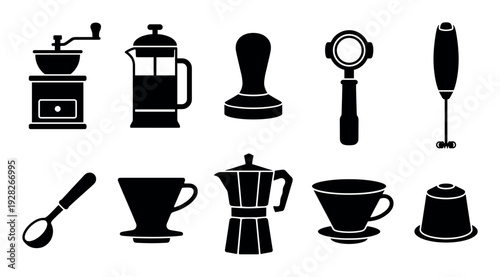 Collection of black coffee equipment icons including a grinder, french press, moka pot, and portafilter in a minimalist graphic style for barista and cafe concepts