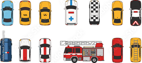 Top view vehicle vector illustration set, diverse cars including taxis, police, ambulance, fire truck, and sports models, transportation graphic design, automotive lifestyle concept
