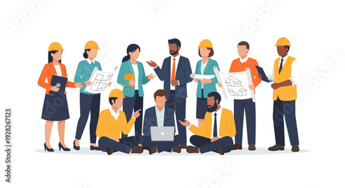Diverse team of professionals collaborating on construction project
