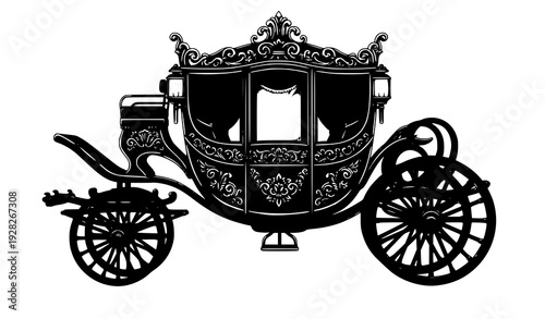 Royal horse drawn carriage with gold ornaments and purple curtains vector
