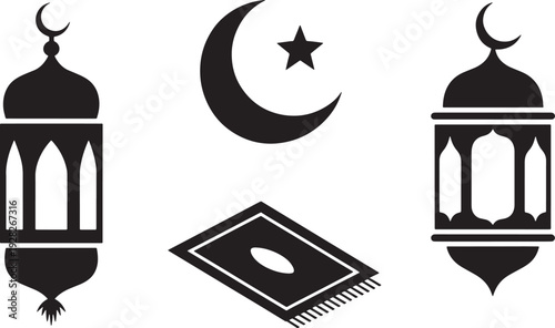 Black and white symbols of crescent moon star prayer rug and lanterns