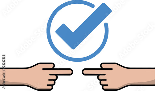 Two hands pointing at a blue checkmark symbol