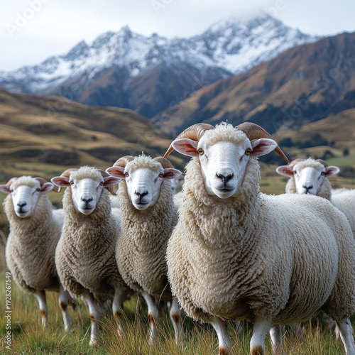 A group of sheep looks towards the observer against stunning mountain scenery