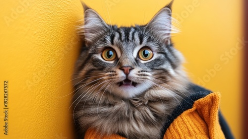 A lively cat with striking eyes relaxes, showing its soft fur on a sunny wall