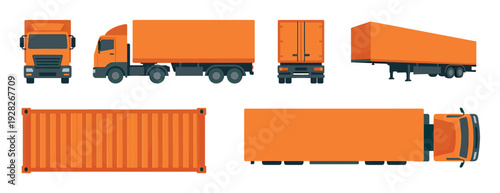 Orange semi-trailer truck and cargo container set shown from different angles including front, back, side, and top view in a flat vector illustration style for logistics concepts