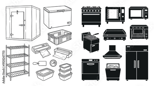 Professional commercial kitchen equipment and supplies set shown in two graphic styles, with detailed line art and solid black silhouette icons for restaurant or catering use