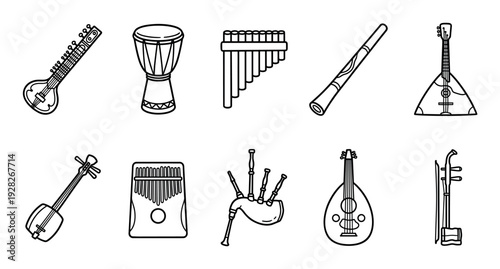 Collection of traditional world music instruments drawn in a simple black and white line art style, featuring a sitar, djembe, pan flute, bagpipes, and balalaika