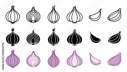 Collection of onion and garlic icons presented in three distinct styles: simple line art, solid black silhouette, and a purple colored version with whole and sliced views