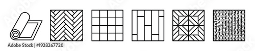 Set of black line icons showing flooring types including a linoleum roll, parquet, tile, and carpet patterns for interior design concepts, presented in a clean minimalist vector style
