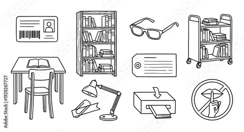 Hand-drawn library and education doodle icons featuring a bookshelf, desk, book cart, silence sign, and other school-related objects in a simple black and white line art style