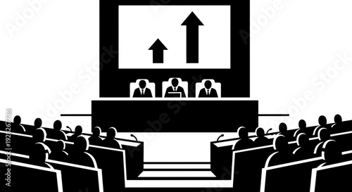 Business presentation in a conference hall with audience and rising graph.