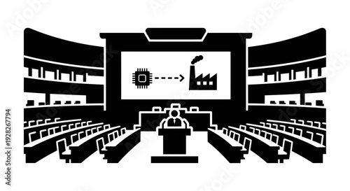 Black and white illustration of a conference hall with a presentation screen.