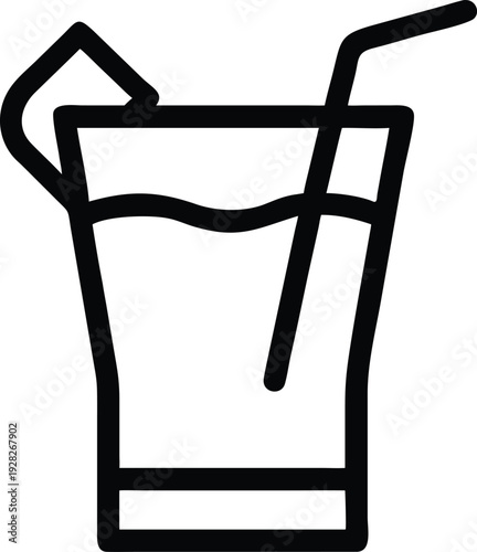 Simple outline icon of a tall glass with beverage, lemon slice, and drinking straw