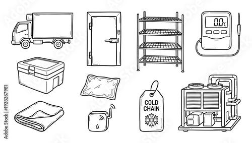 Collection of cold chain logistics icons showing a refrigerated truck, freezer door, thermometer, and cooling unit in a hand-drawn black and white doodle illustration style