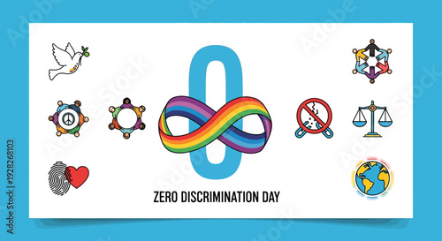Commemorating Zero Discrimination Day with a vibrant collection of icons symbolizing global equality, peace, justice, and human rights for an inclusive world
