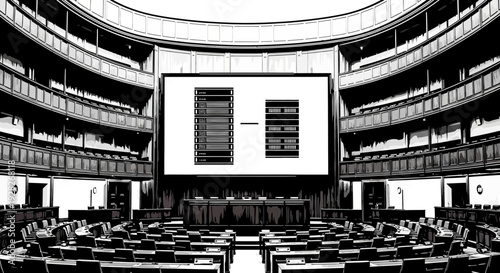 Empty auditorium with large screen and tiered seating.