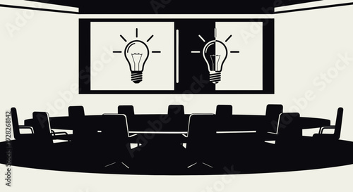 Meeting room with light bulb ideas on screen.