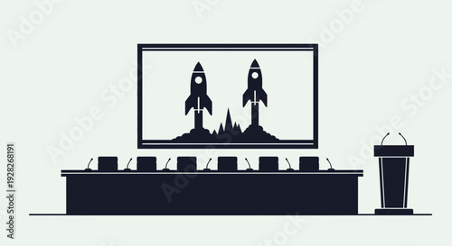 Vector illustration of a conference room with a presentation screen displaying two rockets.