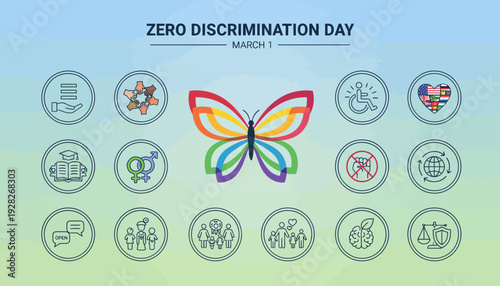 Zero Discrimination Day vector icon sheet for March 1st, symbolizing equality, diversity, and human rights through vibrant line art for social justice