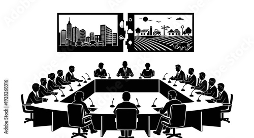 Business meeting with cityscape and landscape projections.