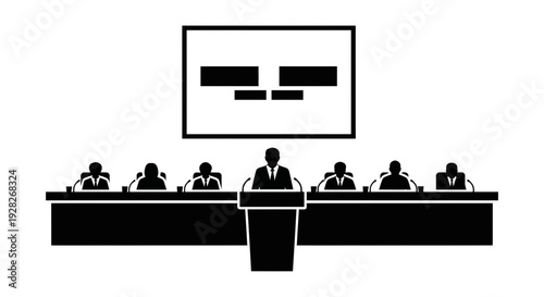 Business meeting presentation with speaker and audience at conference table.