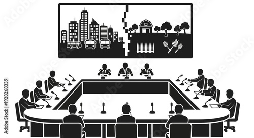 Business meeting discussion with cityscape presentation on screen.