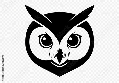 A minimalist vector illustration of an owl's face viewed from the front, showcasing its large eyes and sharp beak in a simple black and white style
