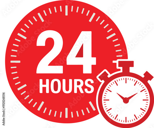 Red clock and stopwatch icons with twenty four hours text