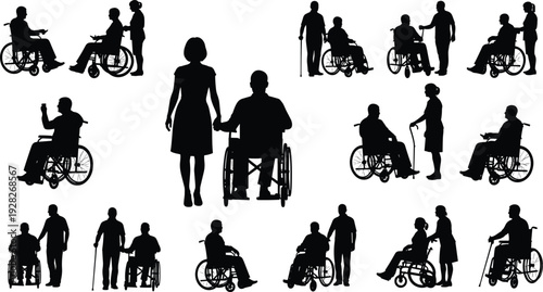 Disability Silhouette Vector Set Featuring Wheelchair Users Elderly Patients Caregivers Nursing Assistants and Mobility Aid Illustrations for Healthcare and Medical Designs