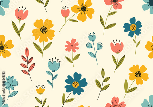 Hand illustrated pastel floral pattern with charming botanical elements