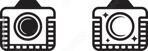 Black and white camera icons with film strip  photography symbols
