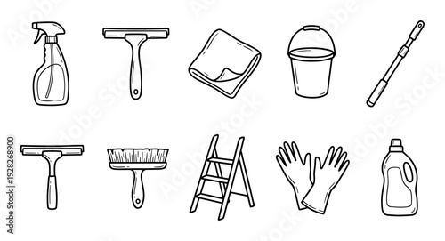 Set of hand-drawn window cleaning tools and equipment in a simple black and white doodle style, including a squeegee, spray bottle, bucket, ladder, and gloves for housework