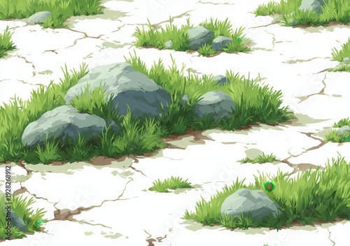 하얀색으로 갈라진 메마른 땅 위에서 강인한 생명력을 보여주며 자라나는 푸른 잔디와 회색 바위들이 조화롭게 어우러진 애니메이션 스타일의 자연 풍경 배경 일러스트레이션입니다.