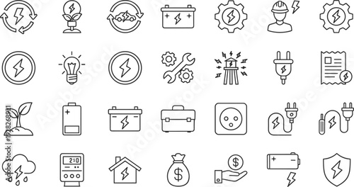 Electricity and Energy Icon Set Featuring Renewable Power Battery Storage Electric Vehicles Light Bulbs Solar Utility Symbols and Green Technology Outline