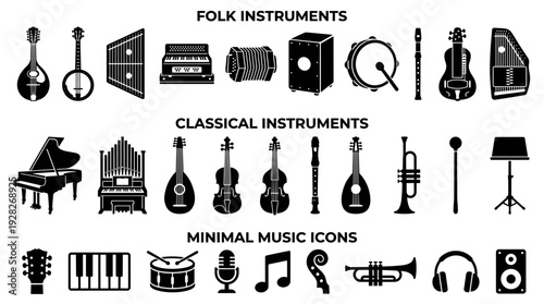 Large collection of black musical instrument silhouettes featuring folk, classical, and minimal music icons like piano, violin, guitar, accordion, and drums in a clean graphic design set