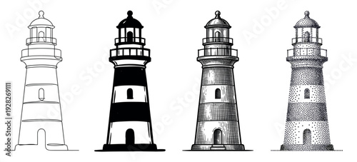 Four lighthouse illustrations in different artistic styles including continuous line art, silhouette, vintage engraving, and stippling, showing a collection of graphic design elements